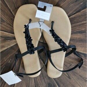 LC Lauren Conrad black floral T-strap flat sandals w/ floral appliqués-Size 10M
